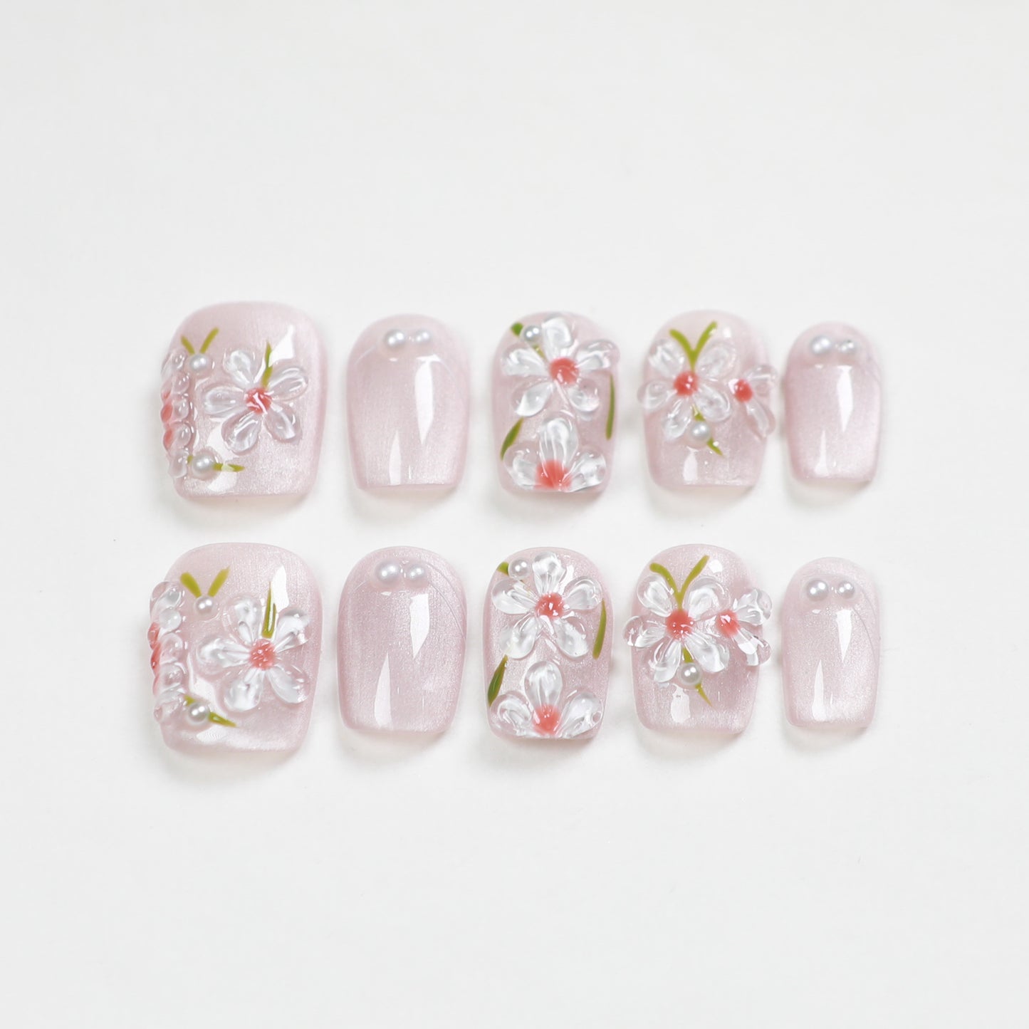 Love Scratch | Pink Short Coffin 4D Flowers Press-on Nails
