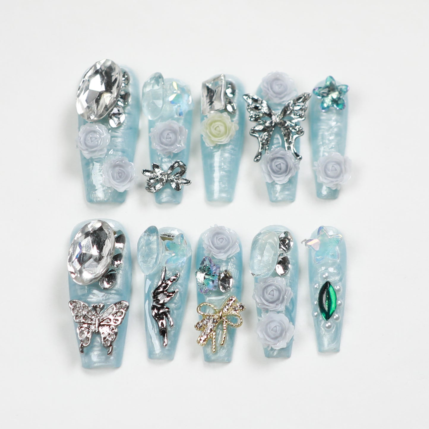 Love Scratch | Blue Extra Long Coffin 4D Flowers Press-on Nails