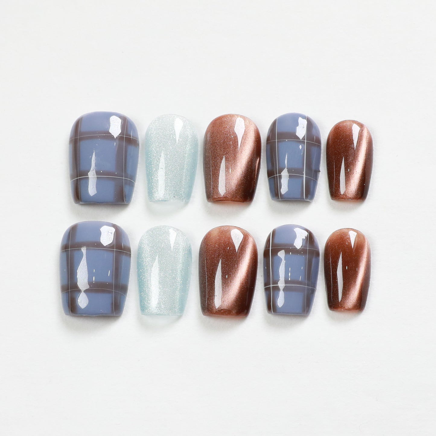 Love Scratch | Brown and Blue Short Coffin Plaid Press-on Nails