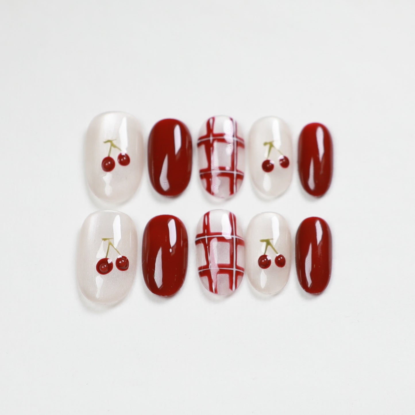 Love Scratch | Red Cherry Short Oval Hand Painted Press-on Nails