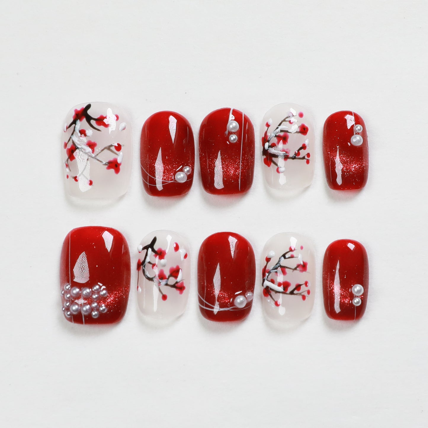 Love Scratch | Red Short Coffin Hand Painted Press-on Nails