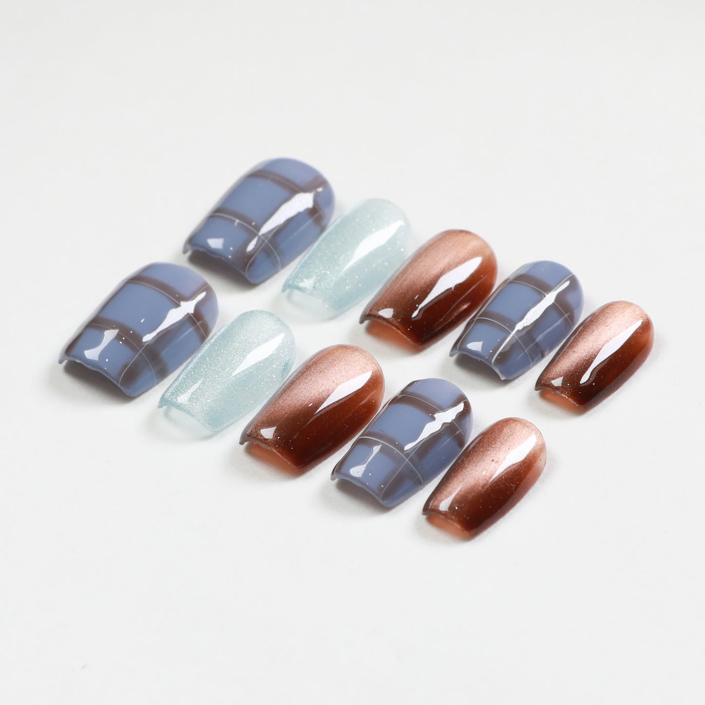 Love Scratch | Brown and Blue Short Coffin Plaid Press-on Nails