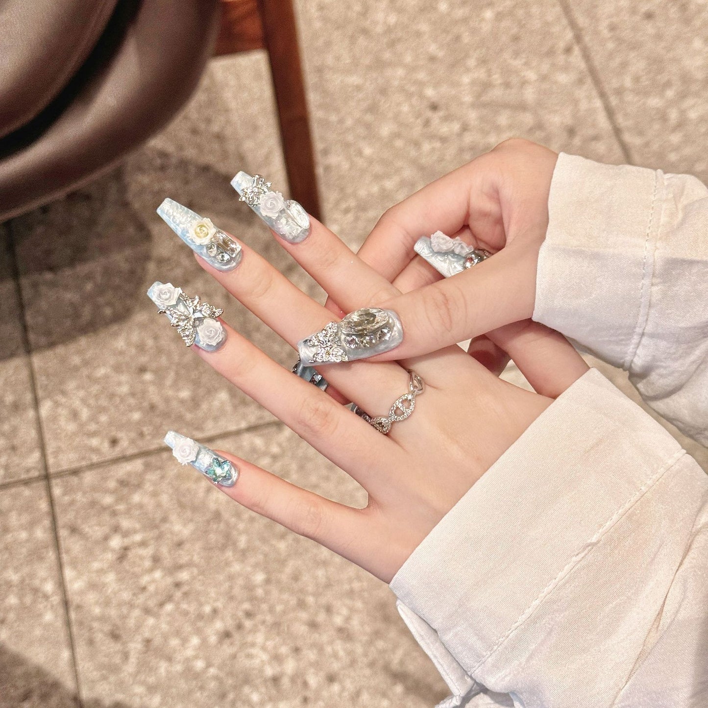 Love Scratch | Blue Extra Long Coffin 4D Flowers Press-on Nails