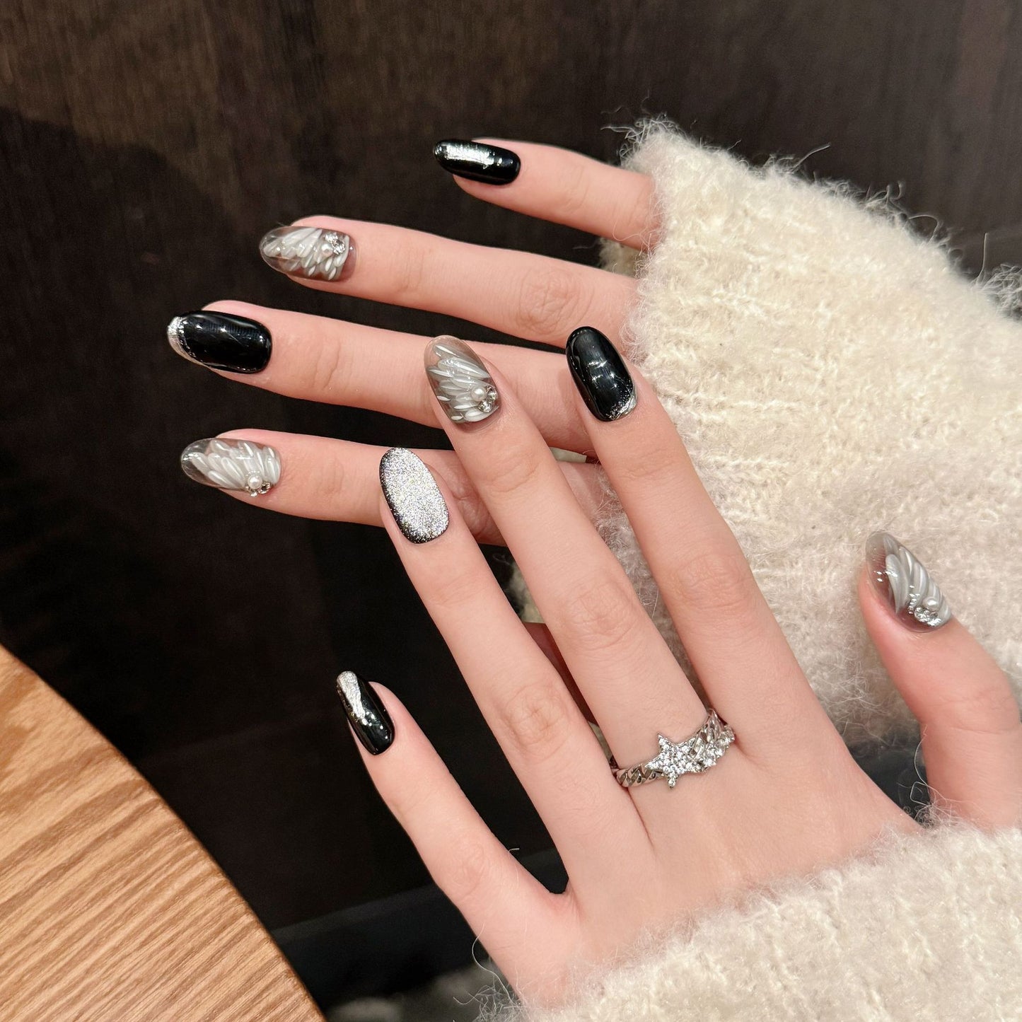 Love Scratch | Black Short Oval Hand Painted Press-on Nails