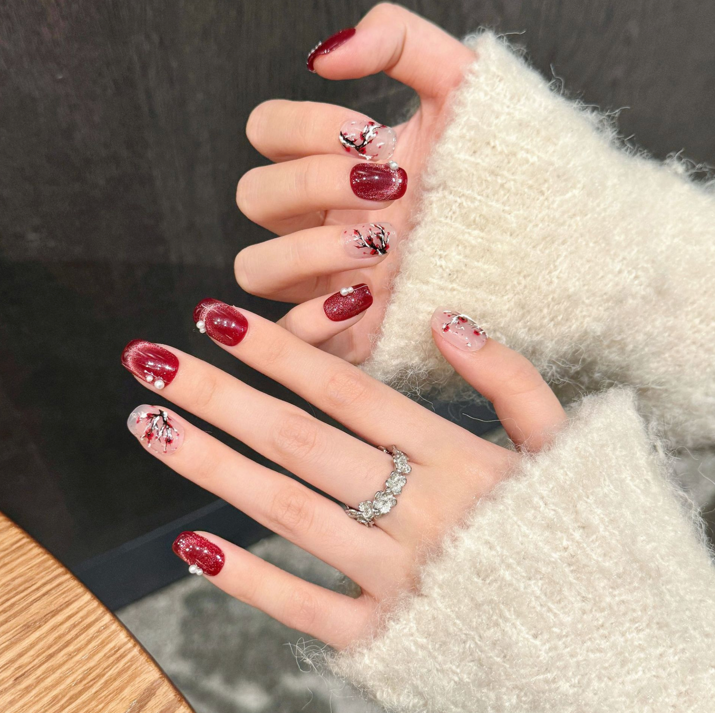Love Scratch | Red Short Coffin Hand Painted Press-on Nails