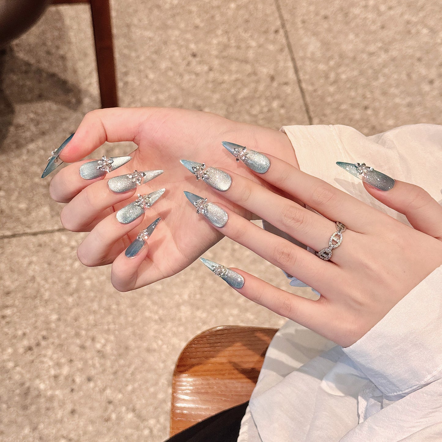 Love Scratch | Blue Long Stiletto Rhine Stone Press-on Nails
