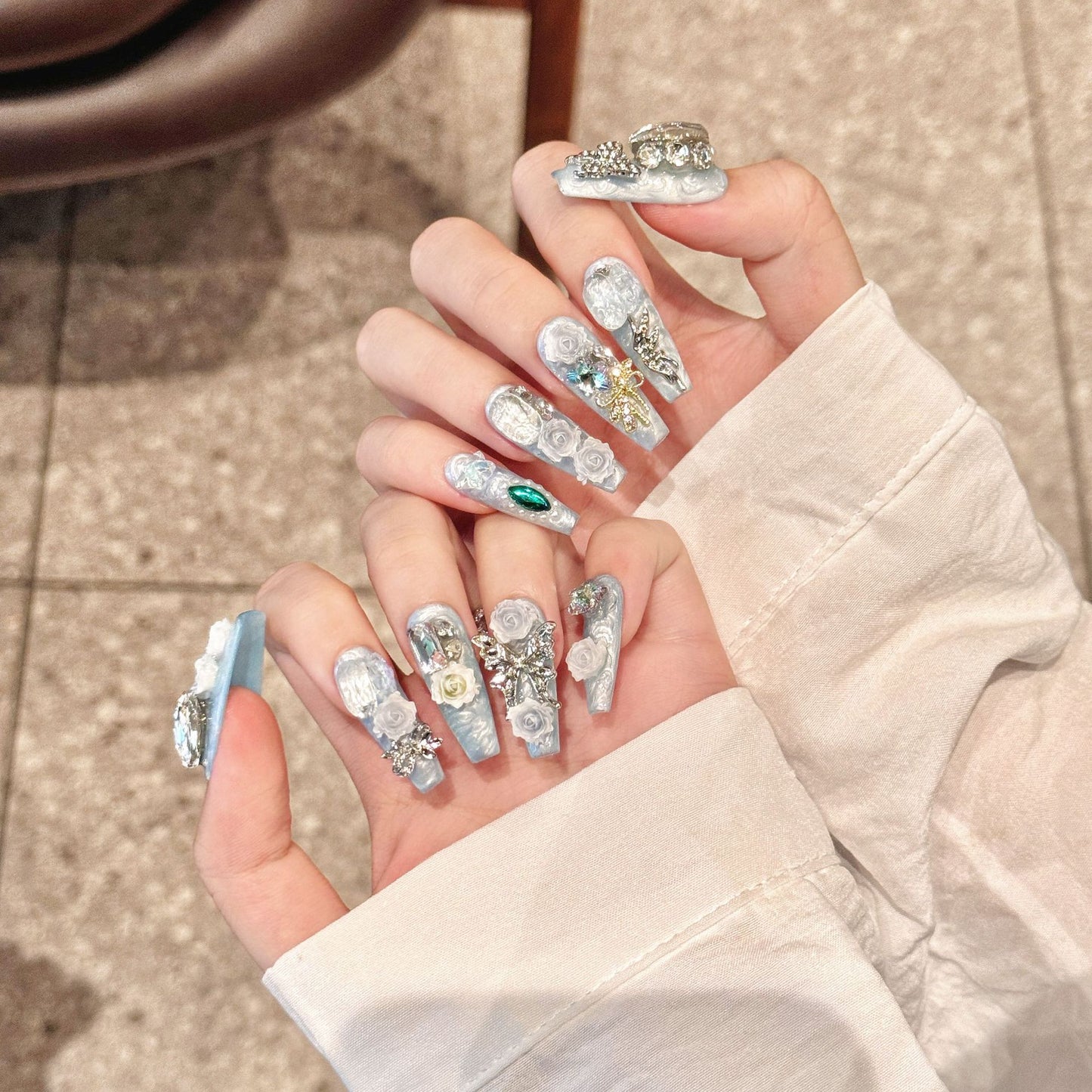 Love Scratch | Blue Extra Long Coffin 4D Flowers Press-on Nails