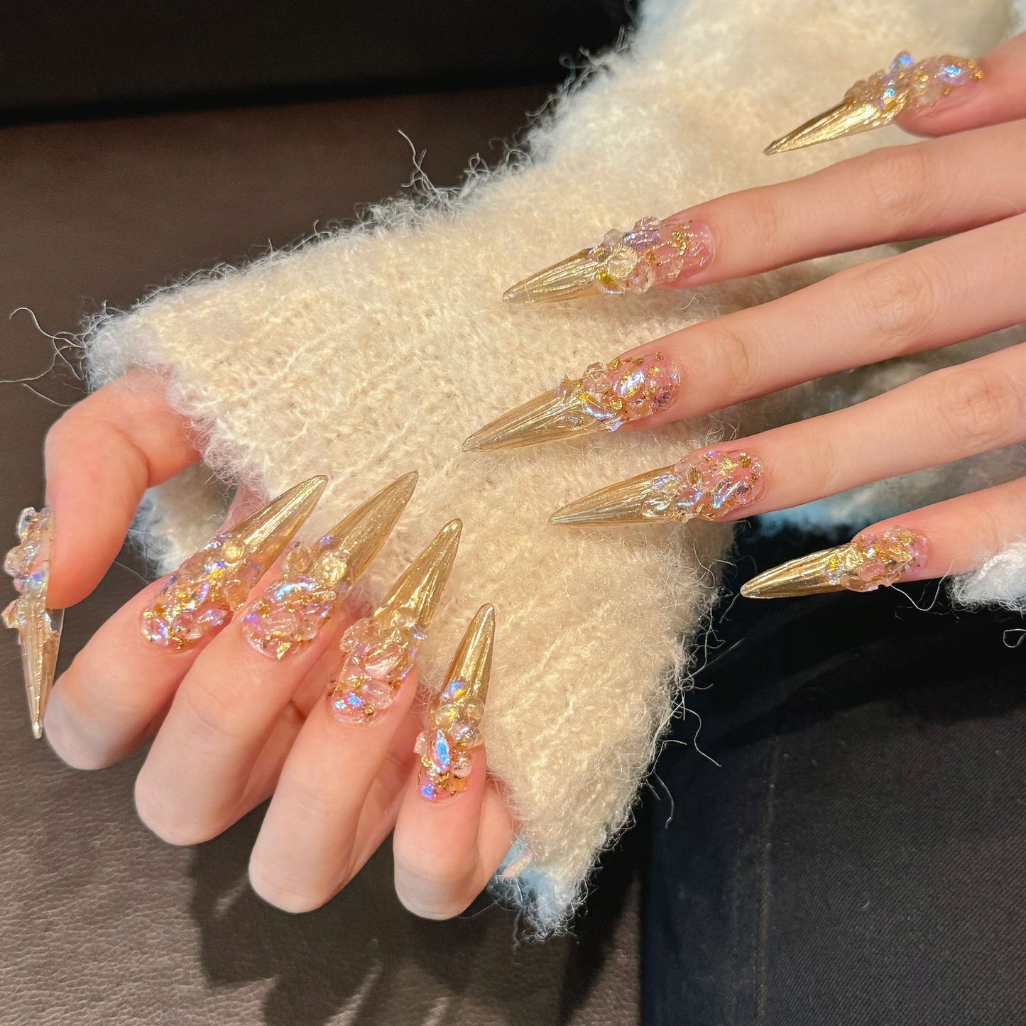 Love Scratch | Gold Long Stiletto Rhine Stone Press-on Nails
