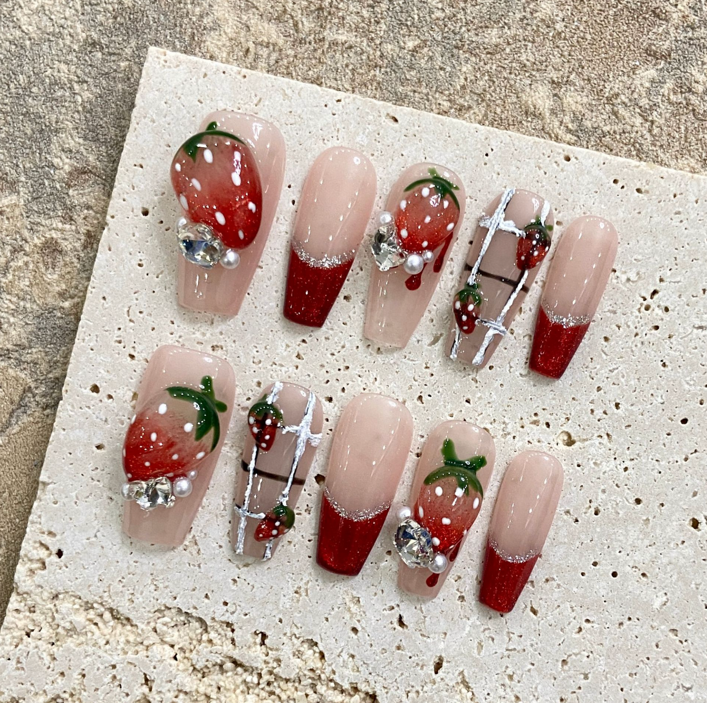 Love Scratch | Red Long Coffin Strawberry Press-on Nails