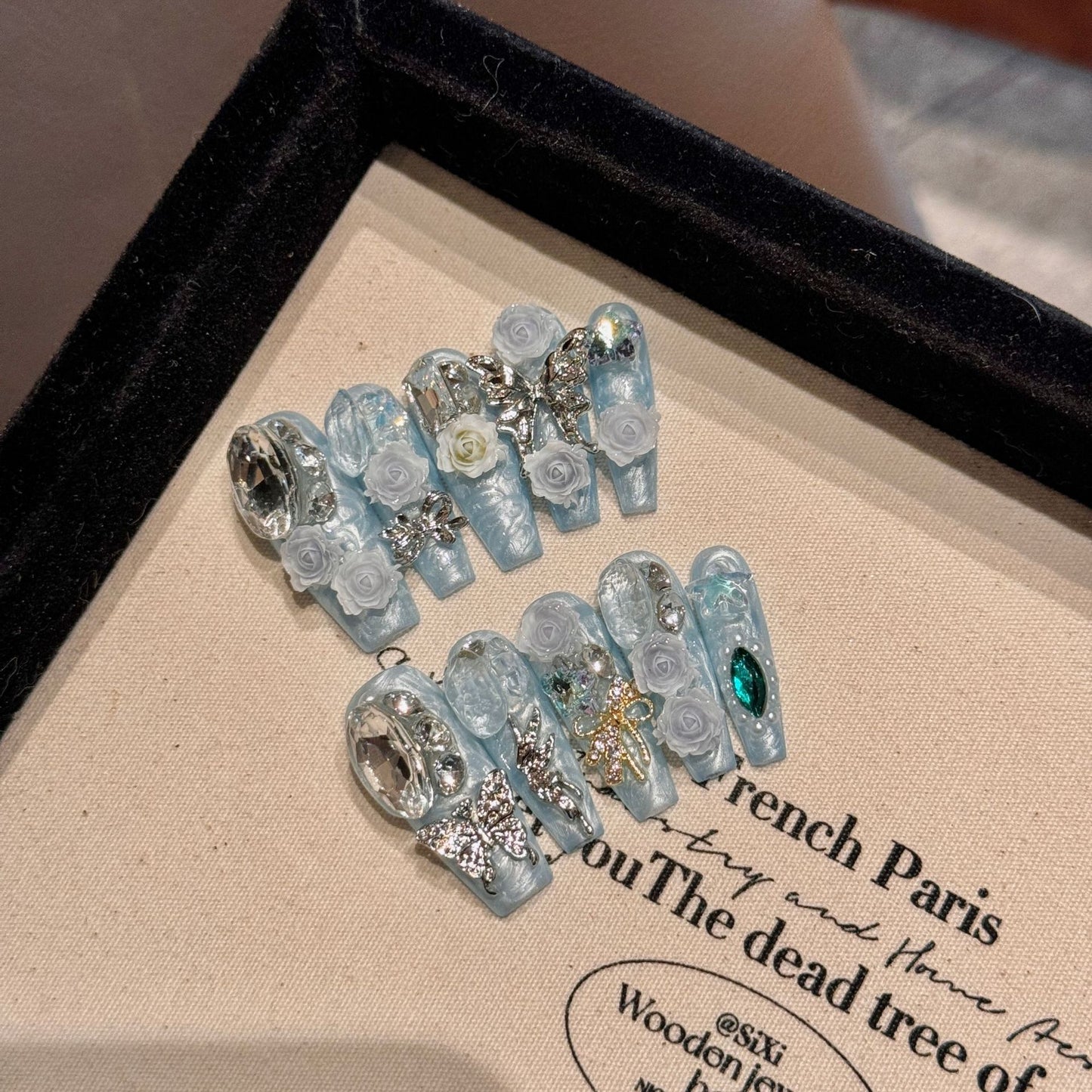 Love Scratch | Blue Extra Long Coffin 4D Flowers Press-on Nails
