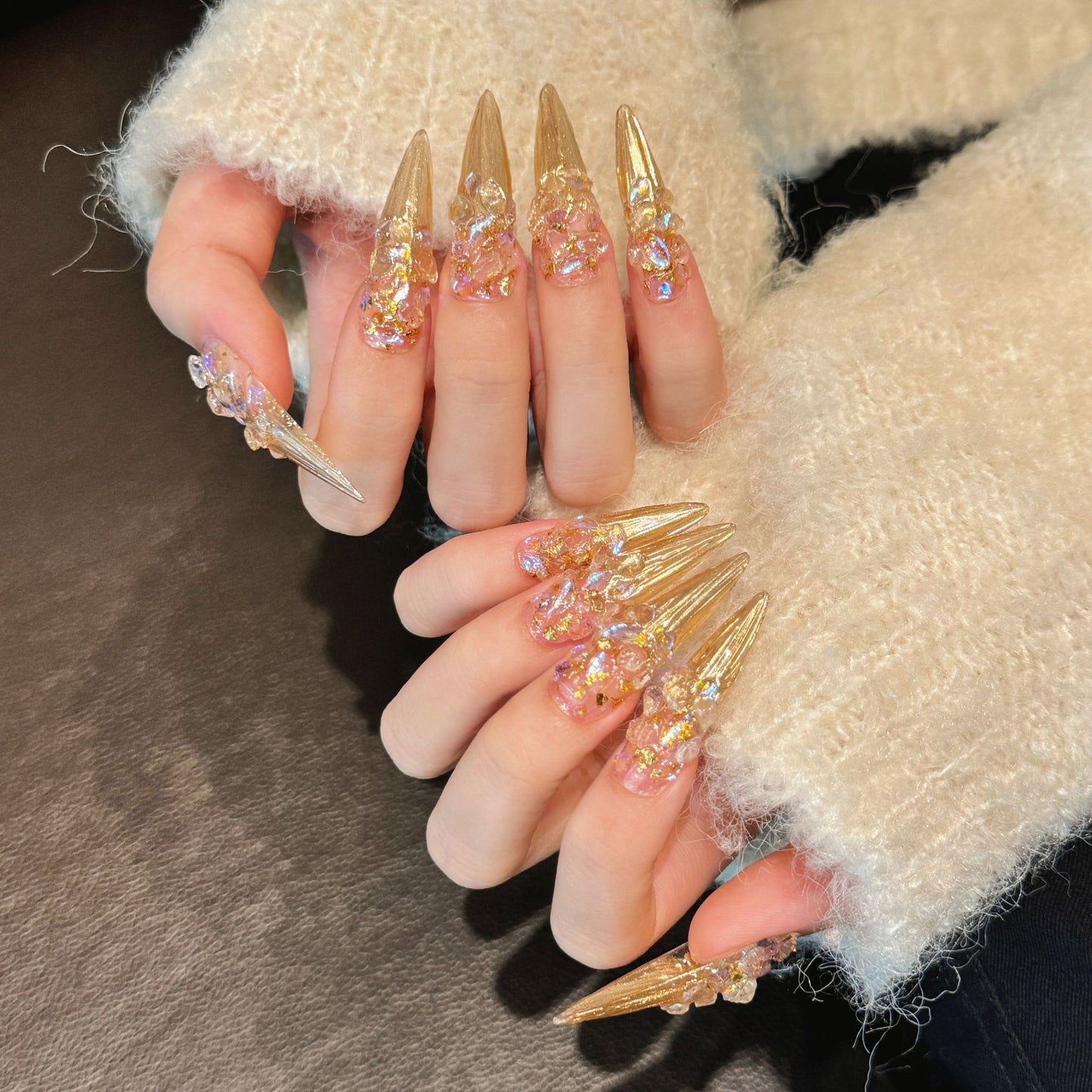 Love Scratch | Gold Long Stiletto Rhine Stone Press-on Nails