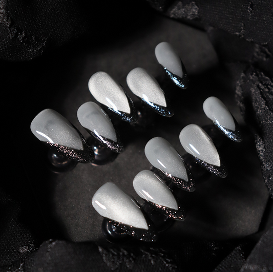 Love Scratch | Grey Regular Almond Metallic French Tip Press-on Nails