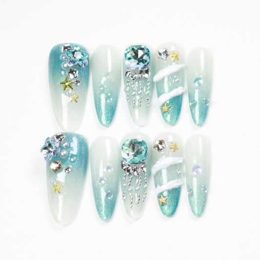 Love Scratch | Blue Long Oval Shinning Press-on Nails