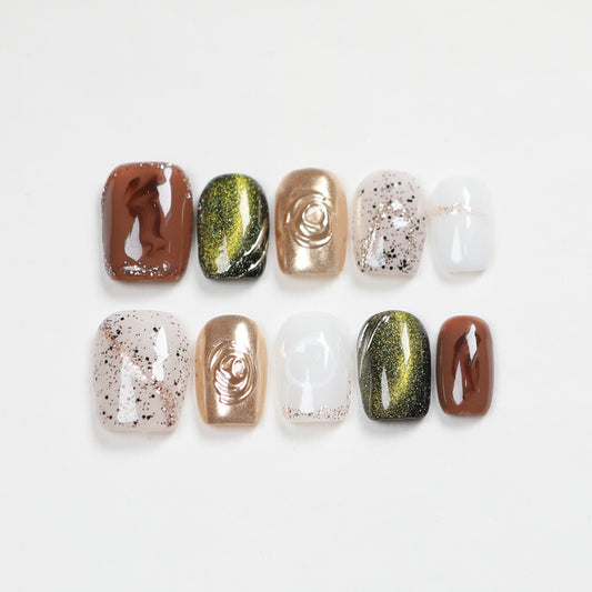 Love Scratch | Brown Short Coffin Hand Painted Press-on Nails