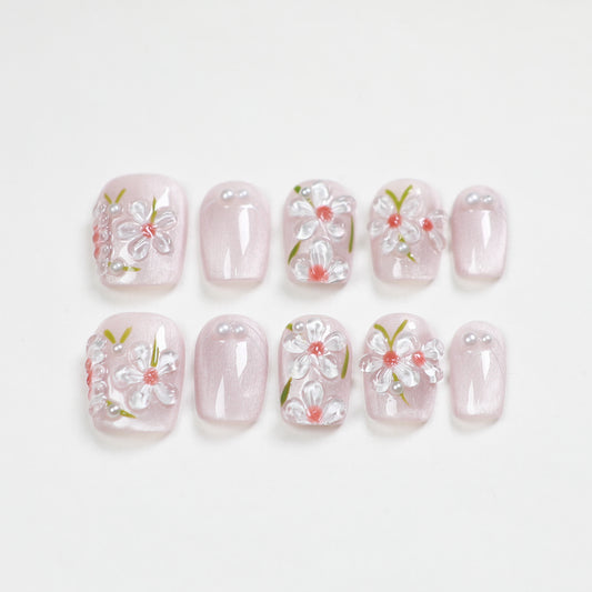 Love Scratch | Pink Short Coffin 4D Flowers Press-on Nails