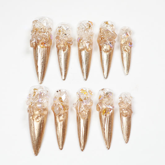 Love Scratch | Gold Long Stiletto Rhine Stone Press-on Nails