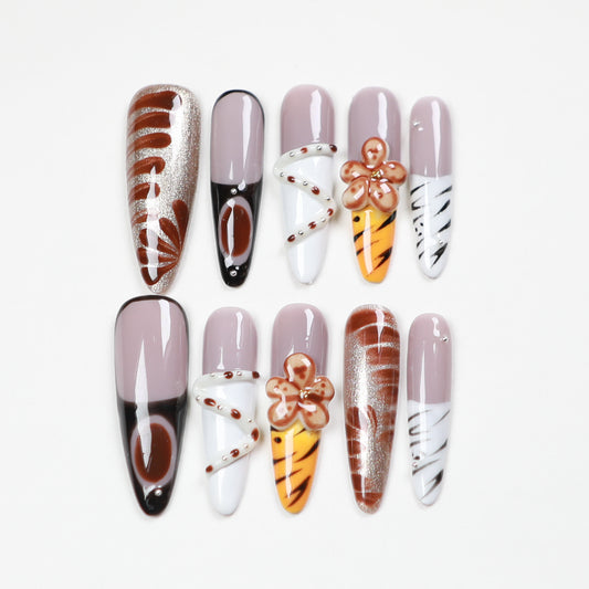 Love Scratch | Brown Extra Long Oval 3D Press-on Nails