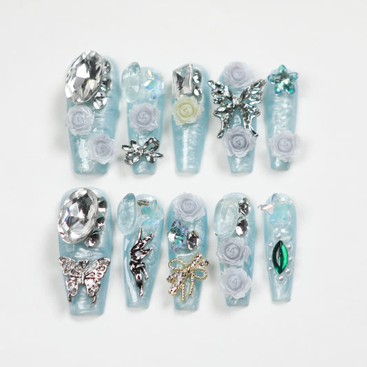 Love Scratch | Blue Extra Long Coffin 4D Flowers Press-on Nails