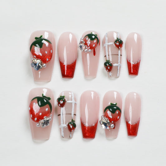 Love Scratch | Red Long Coffin Strawberry Press-on Nails