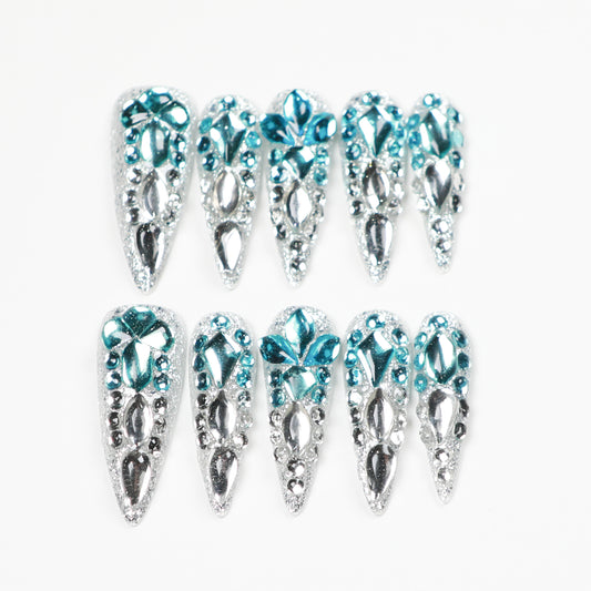 Love Scratch | Blue Long Stiletto Rhine Stone Press-on Nails