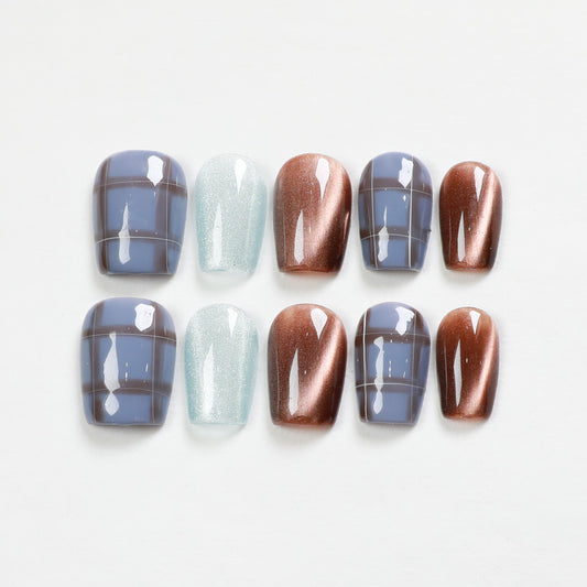 Love Scratch | Brown and Blue Short Coffin Plaid Press-on Nails