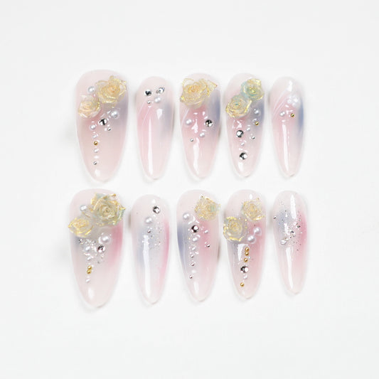 Love Scratch | Pink Long Oval 4D Flowers Shinning Press-on Nails