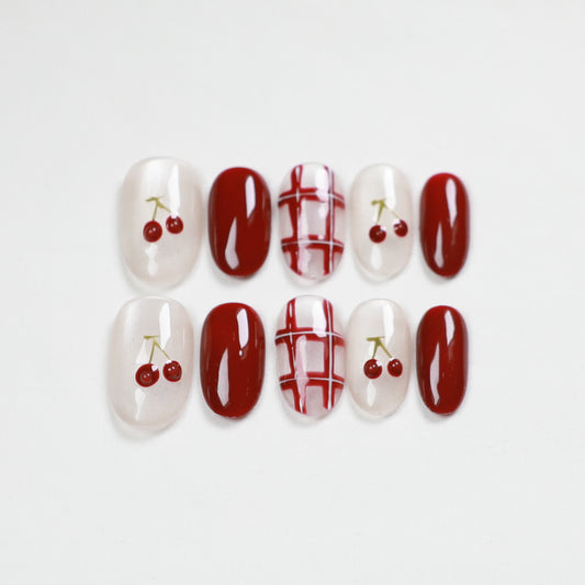 Love Scratch | Red Cherry Short Oval Hand Painted Press-on Nails