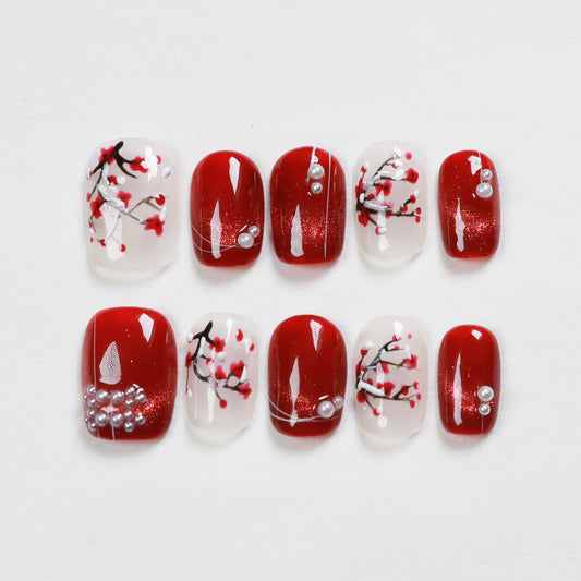 Love Scratch | Red Short Coffin Hand Painted Press-on Nails
