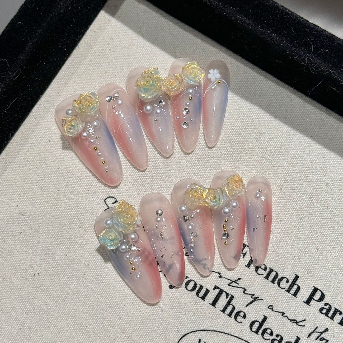 Love Scratch | Pink Long Oval 4D Flowers Shinning Press-on Nails