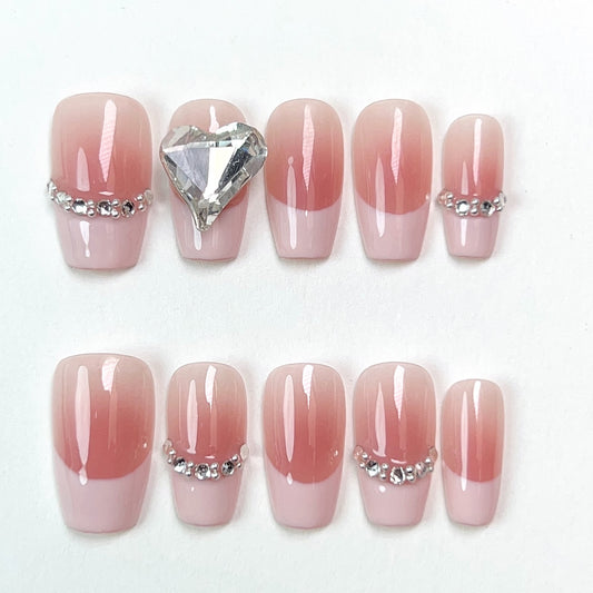 Pink Regular French Love Rhinestone Press-on Nails