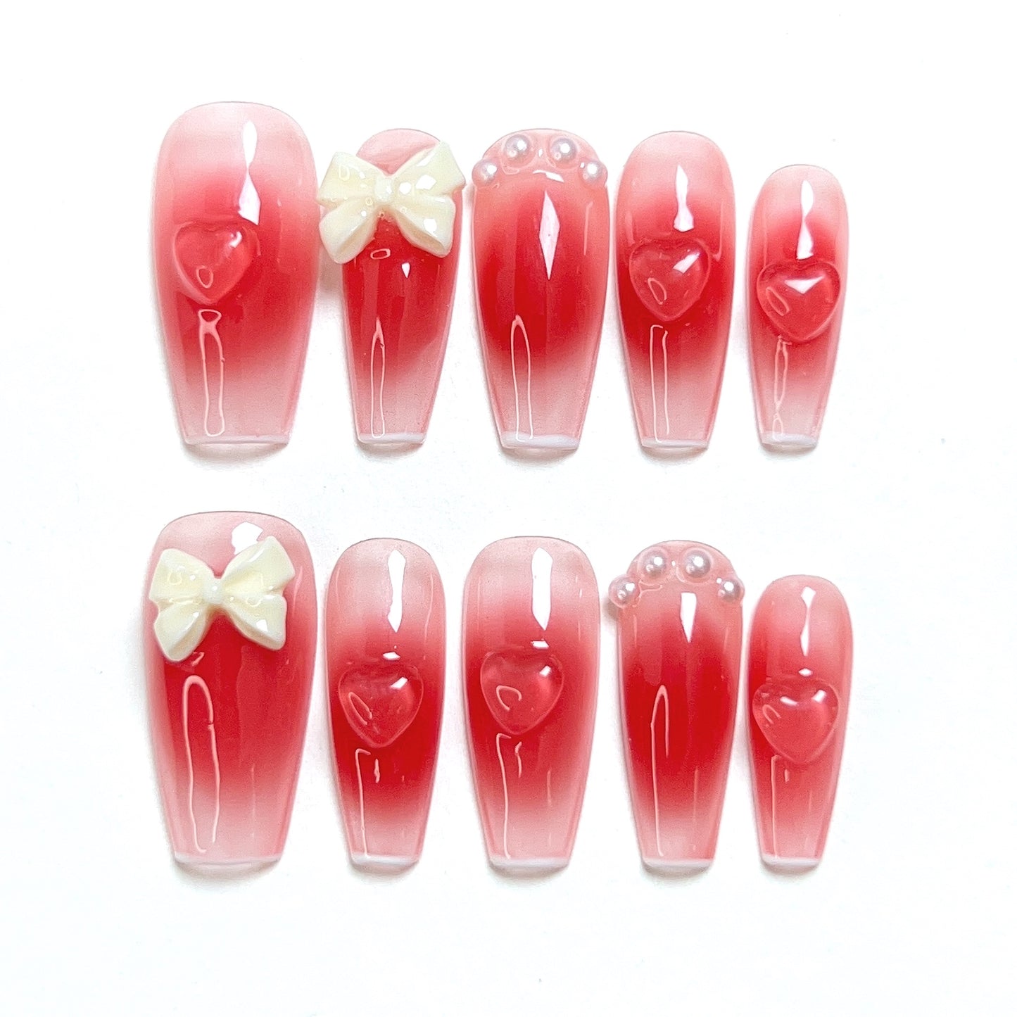 Red & White Mid Length Stereoscopic Butterfly Press-on Nails