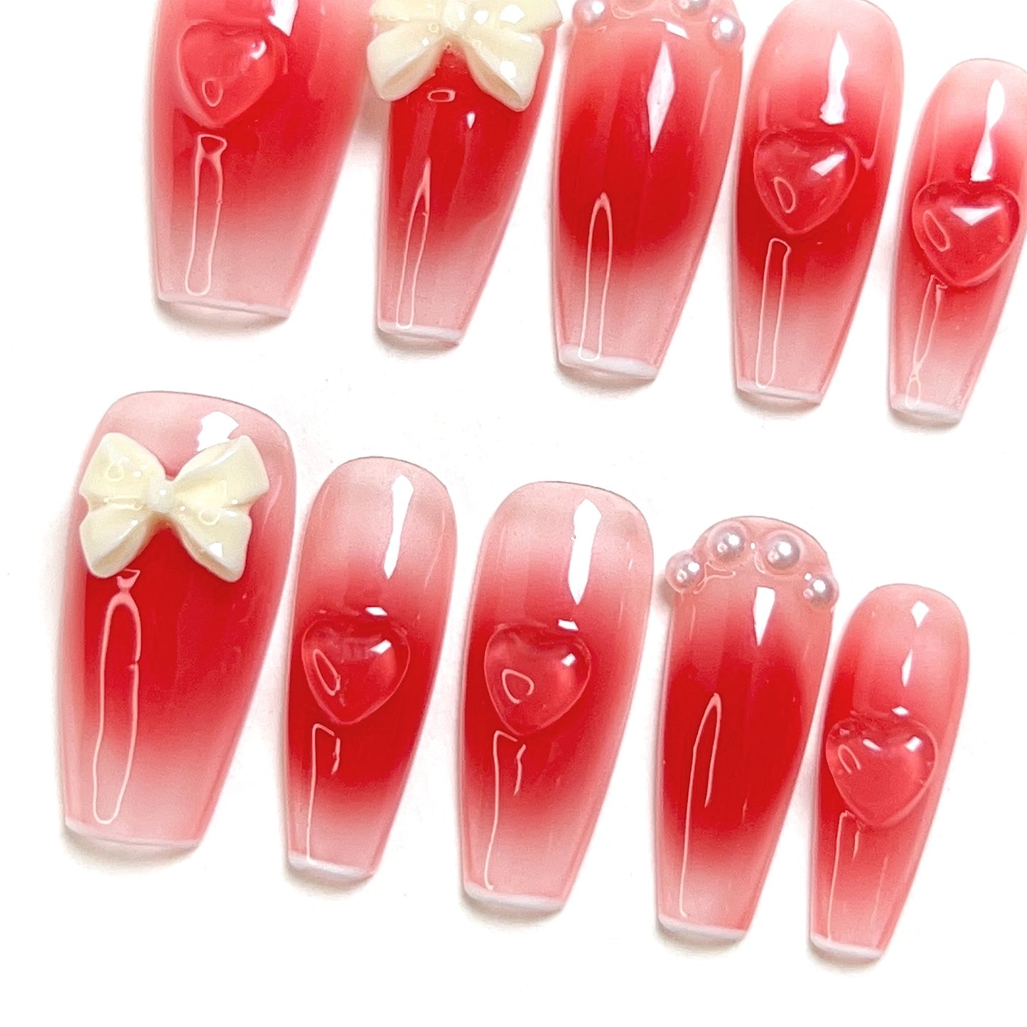 Red & White Mid Length Stereoscopic Butterfly Press-on Nails