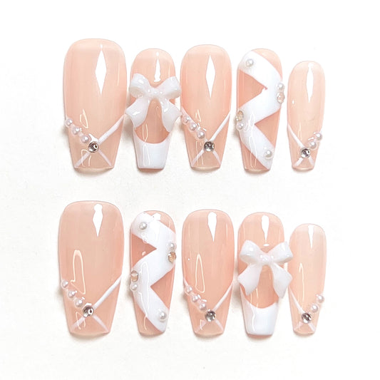 Pink Mid Length French Bow Press-on Nails