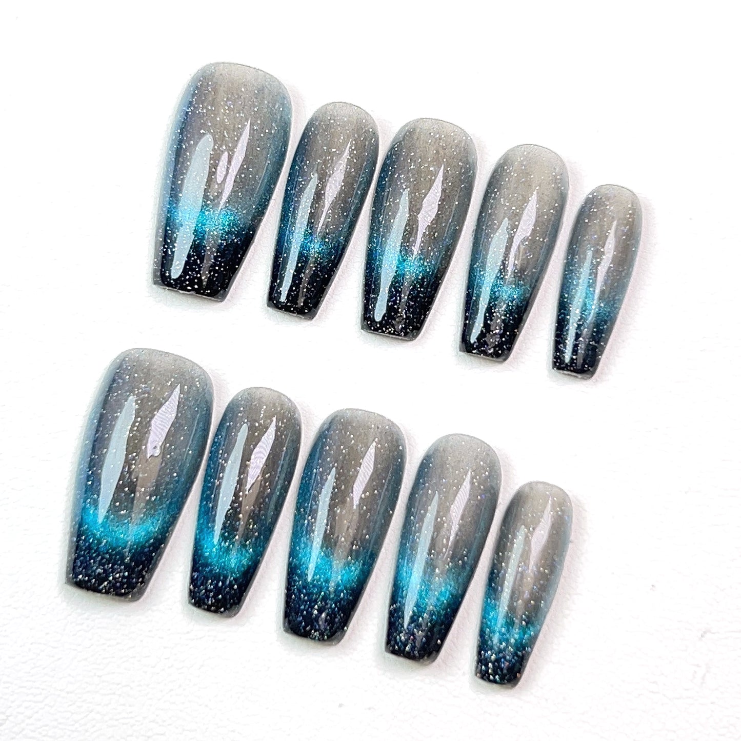 Dark Blue Mid Length French Cat Eye Press-on Nails