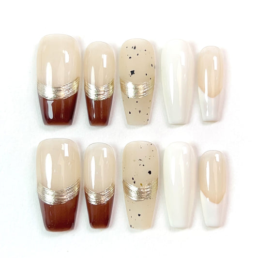 Milk Coffee Mid Length French Hand Painted Texture Press-on Nails