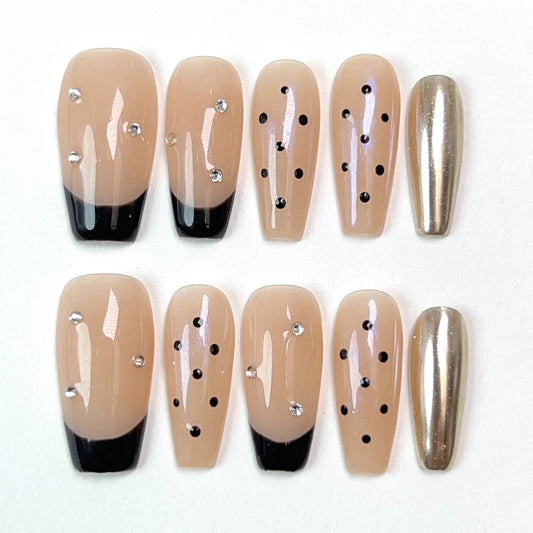 Pink Regular French Black Dot Press-on Nails