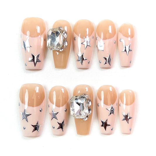 Apricot Pink Mid Length Hand Painted Solid patch Press-on Nails