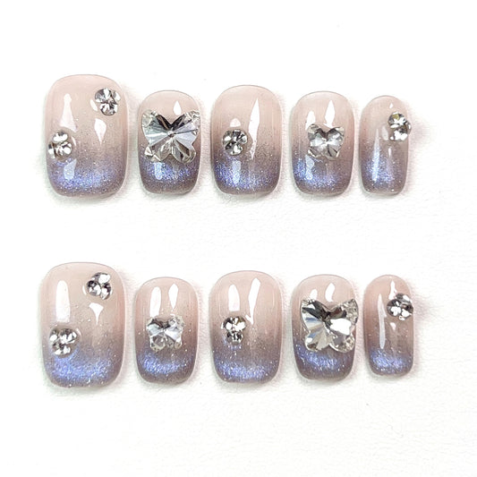 Pink Short Cat Eye Butterfly Press-on Nails