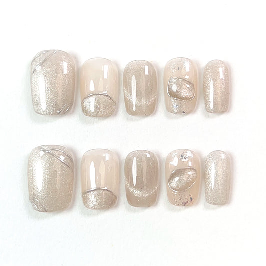 Champagne Short Hand Painted Crystal Cat Eye Press-on Nails