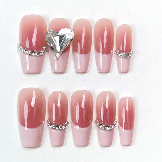 Pink Regular French Love Rhinestone Press-on Nails