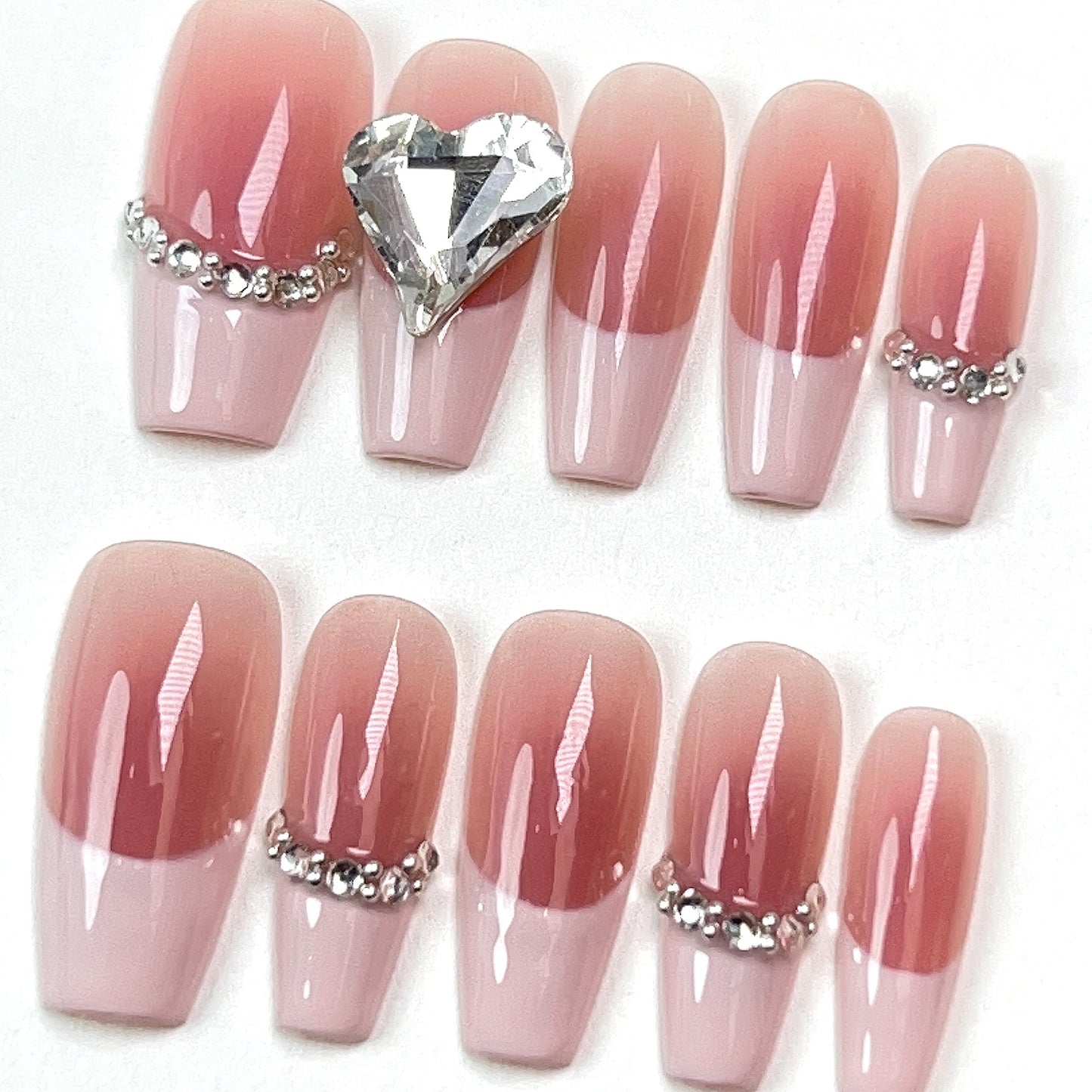 Pink Regular French Love Rhinestone Press-on Nails