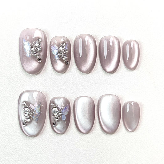 Pink Short Cat Eye Butterfly Press-on Nails