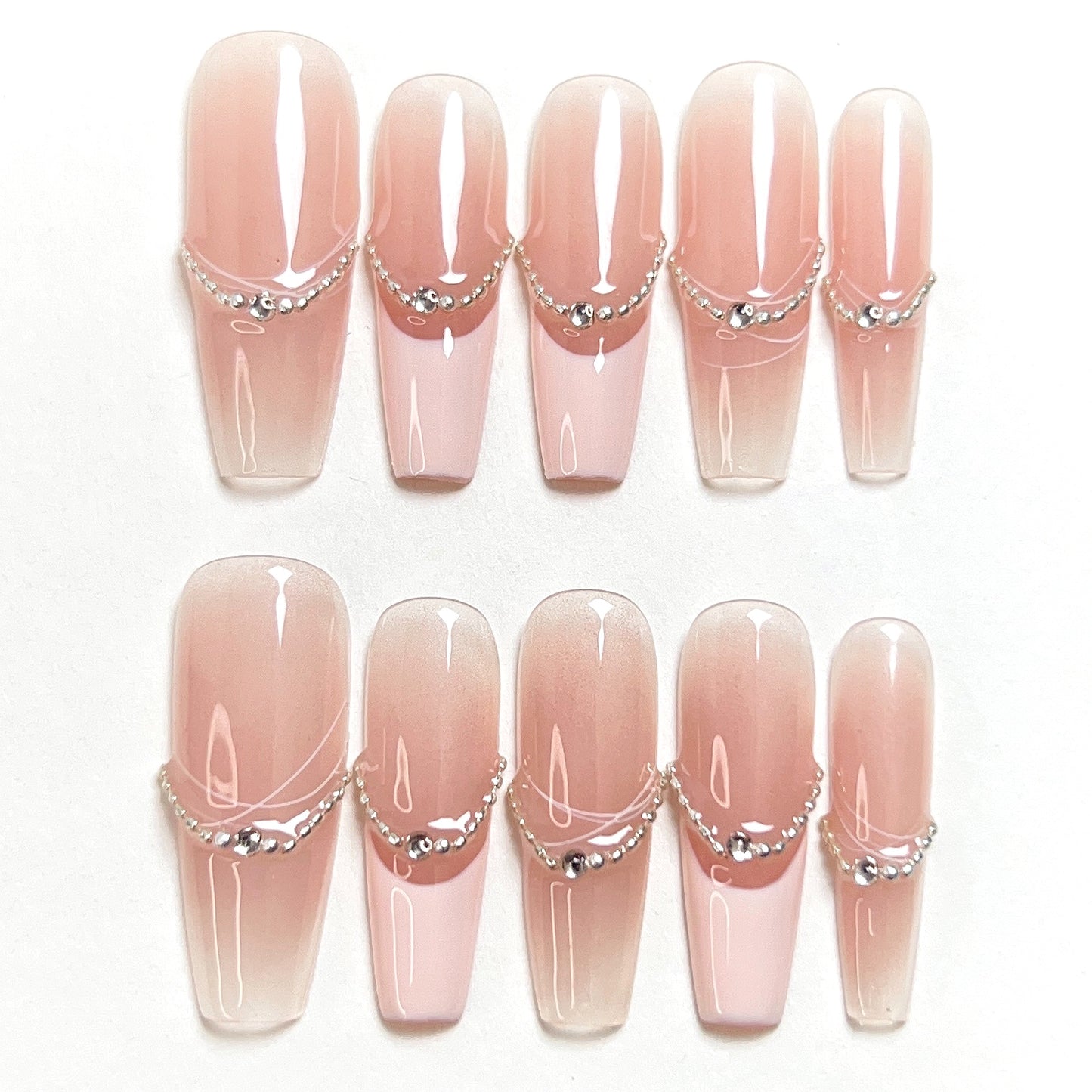 Cherry Blossom Powder Long French Bead Press-on Nails