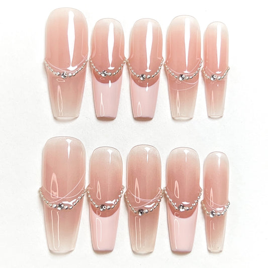 Cherry Blossom Powder Long French Bead Press-on Nails