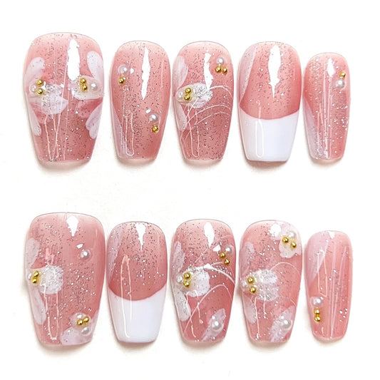 Pink Short Hand-Painted Flowers Press-on Nails