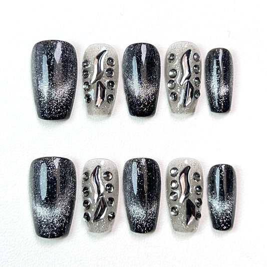 Black Regular Stars Cat Eye Press-on Nails