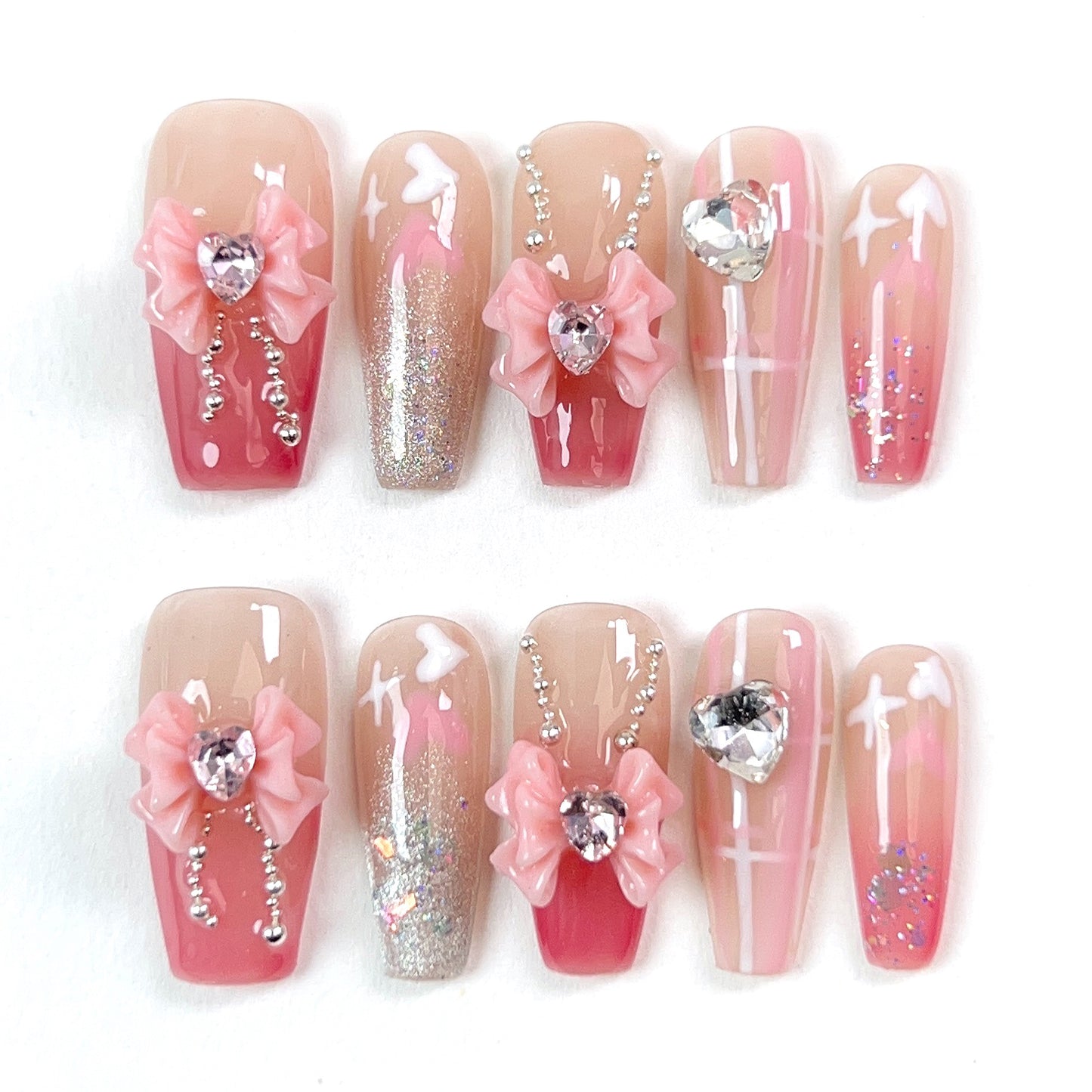 Pink Mid Length Hand-Painted Relief Butterfly Press-on Nails