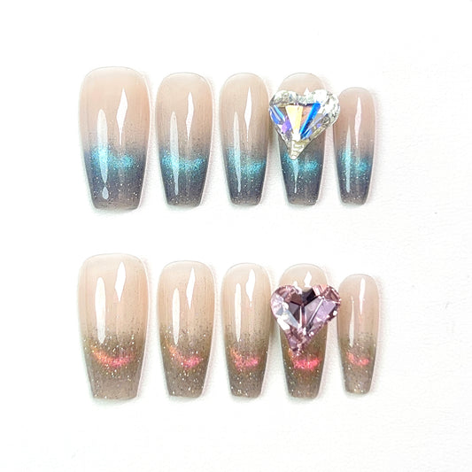 Blue Pink Mid Length Mandarin Cat Eye Press-on Nails