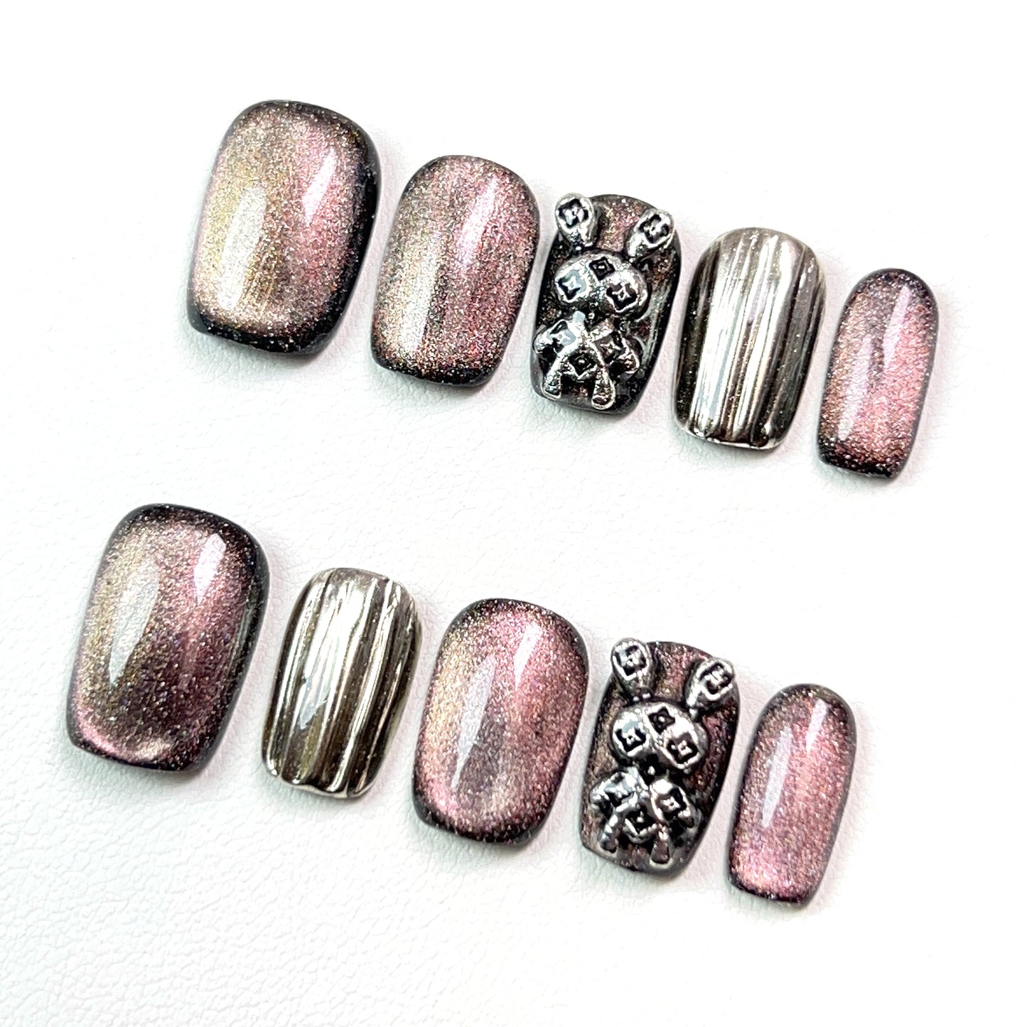 Pink Black Short Rabbit Cat Eye Press-on Nails