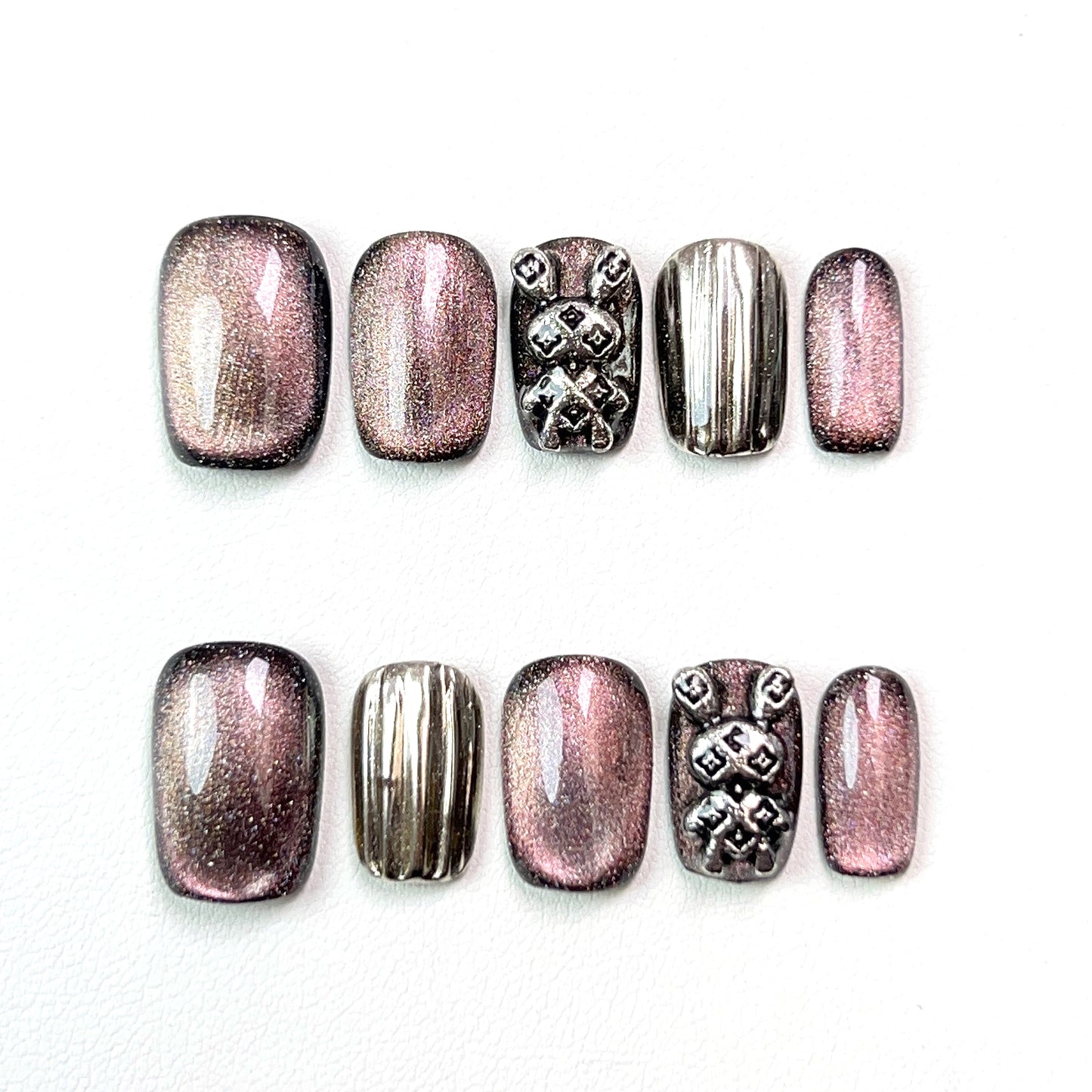 Pink Black Short Rabbit Cat Eye Press-on Nails